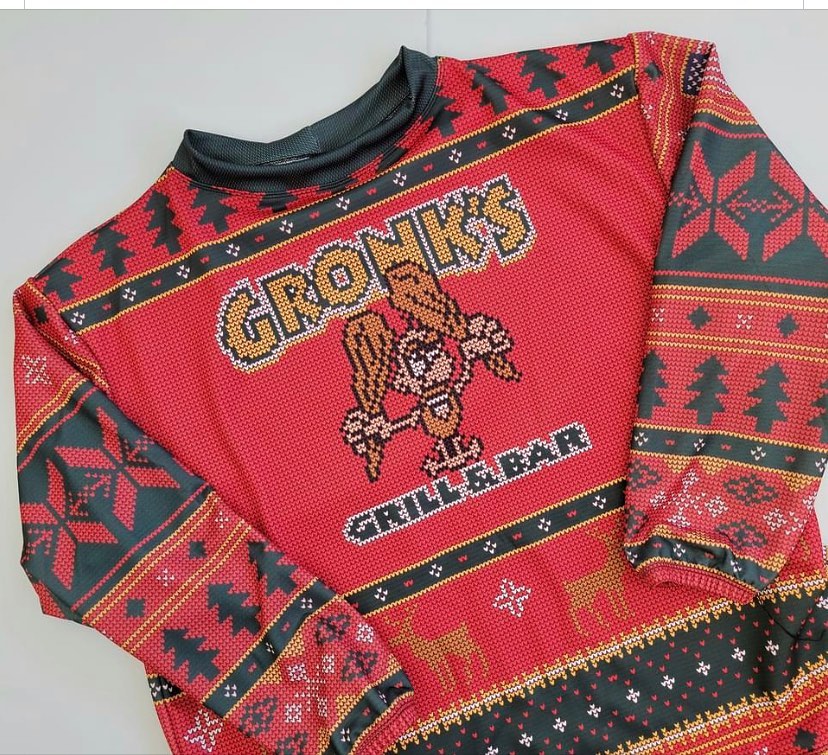 Custom sublimated ugly sweatshirt for Gronk's Grill and Bar